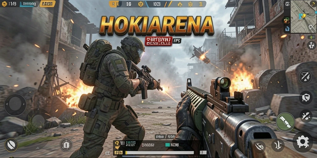 Gameplay HOKIARENA dengan aksi tembak-menembak yang dinamis.