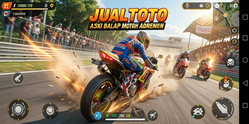 Screenshot menampilkan aksi balap motor yang mendebarkan dalam JUALTOTO.