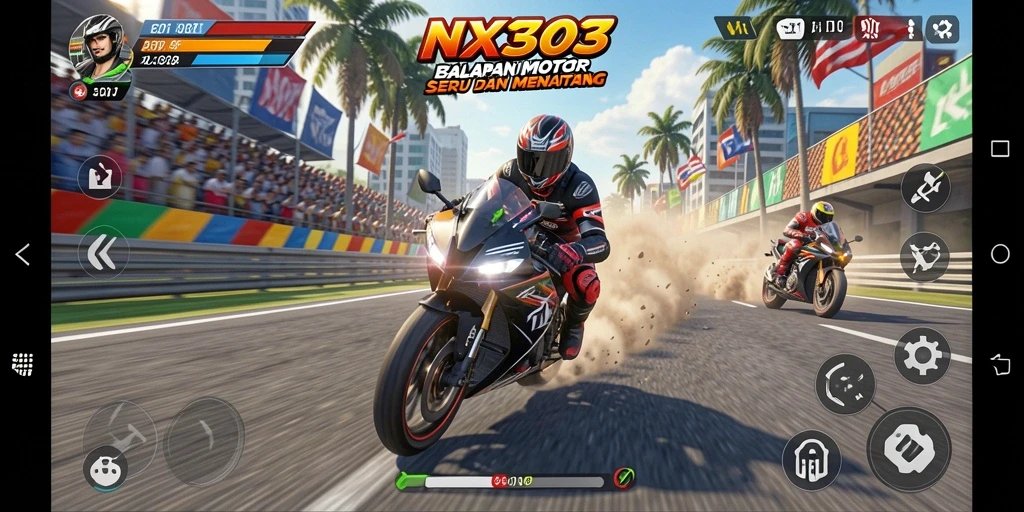 Gameplay NX303 menampilkan balapan motor yang mendebarkan dan seru.