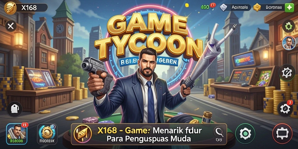 Tampilan gameplay X168 yang memperlihatkan strategi pengelolaan bisnis.